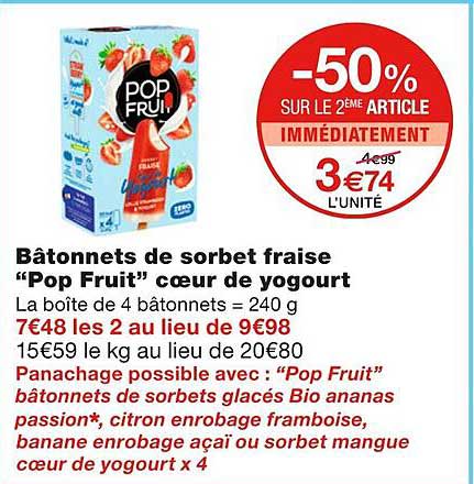 bâtonnets de sorbets fraise "pop fruit" cœur de yogourt