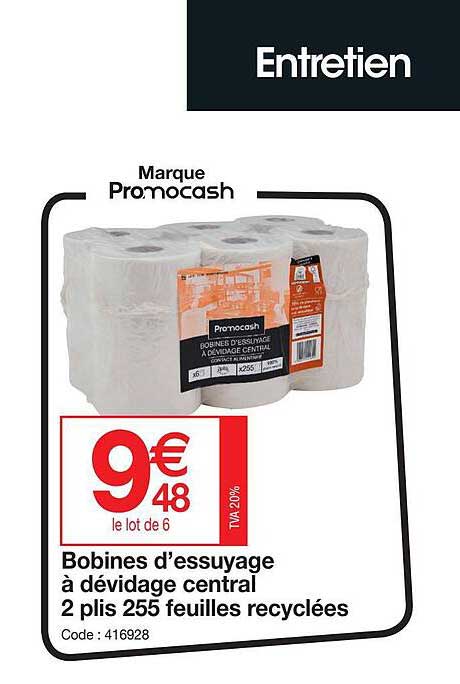 bobines d'essuyage à dévidage central 2 plis 255 feuilles recyclées