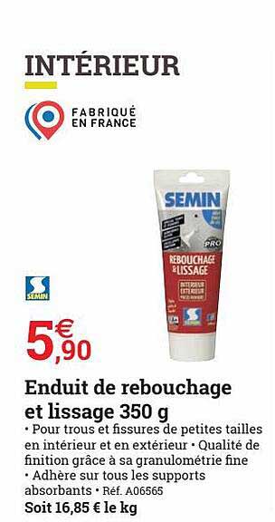 enduit de rebouchage et lissage 350 g semin