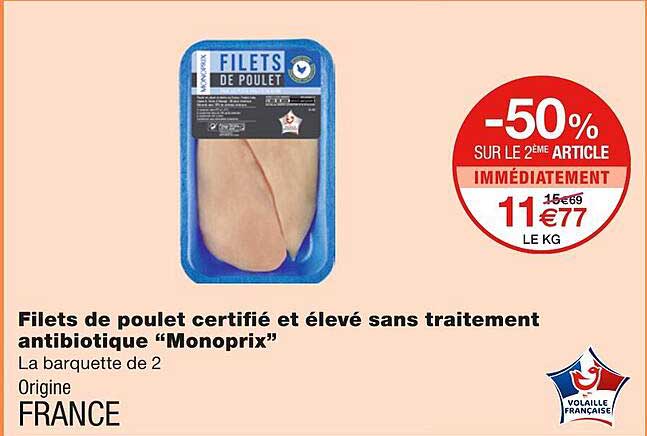 filets de poulet certifié et élevé sans traitement antibiotique "monoprix"