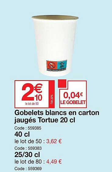 gobelets blancs en carton jaugés tortue 20 cl, 4 cl, 25-30 cl