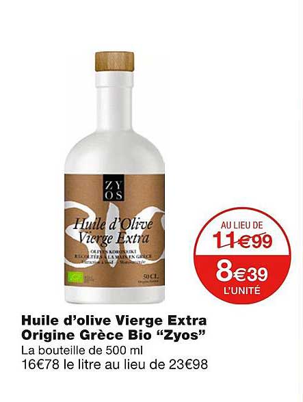 Huile D'olive Vierge Extra Origine Grèce Bio "zyos"