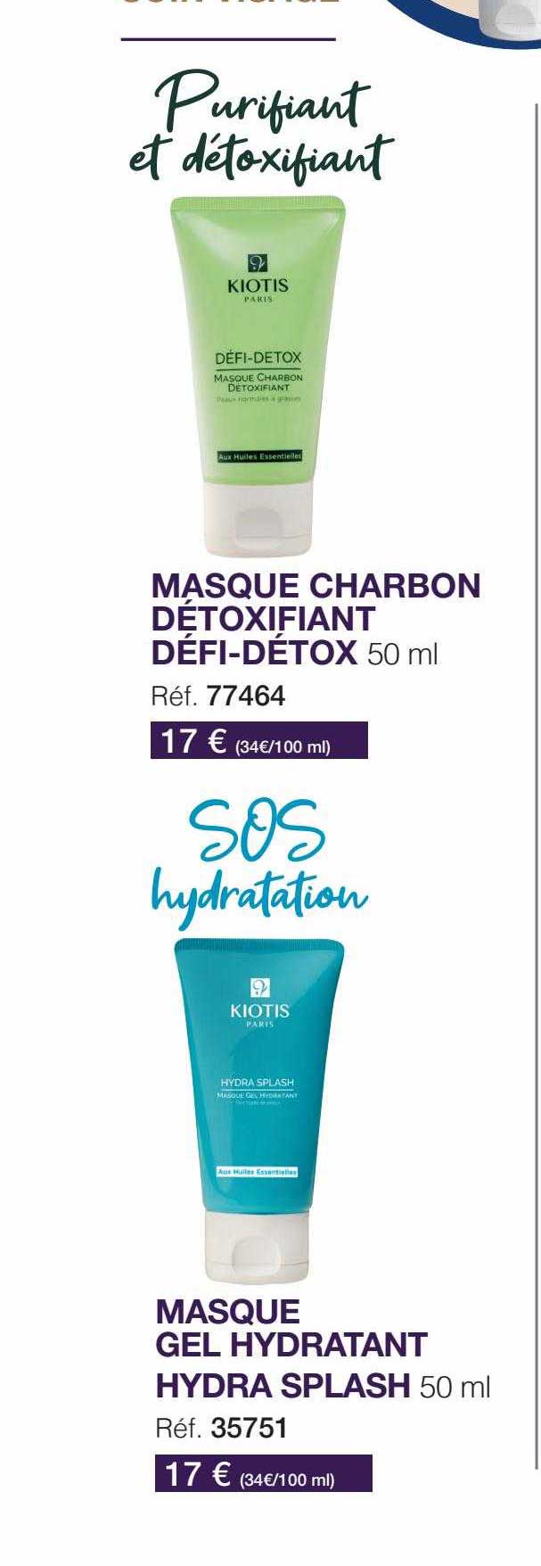 masque charbon détoxifiant défi-détox kiotis , masque gel hydratant hydra splash kiotis