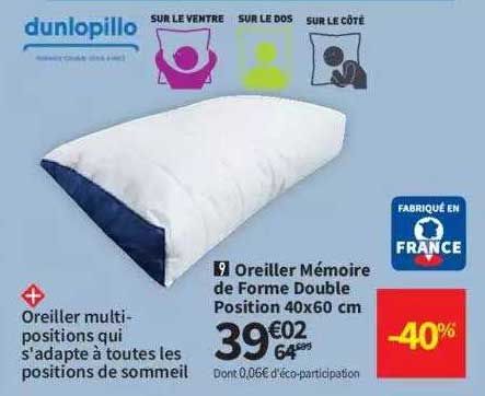 oreiller mémoire de forme double position dunlopillo