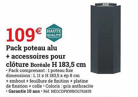 Pack Poteau Alu + Accessoires Pour Clôture Boréale H 183,5 Cm