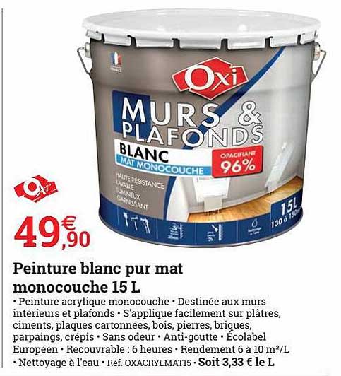 peinture blanc pur mat monocouche 15l oxi