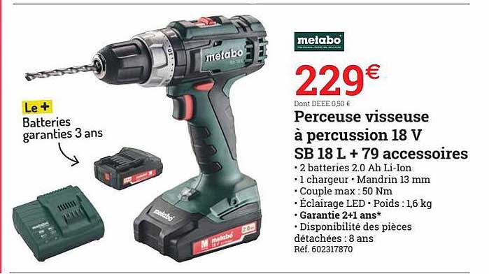perceuse visseuse à percussion 18 v sb 18l + 79 accessoires metabo