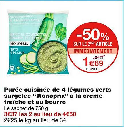 Purée Cuisinée De 4 Légumes Verts Surgelée "monoprix" à La Crème Fraîche Et Au Beurre