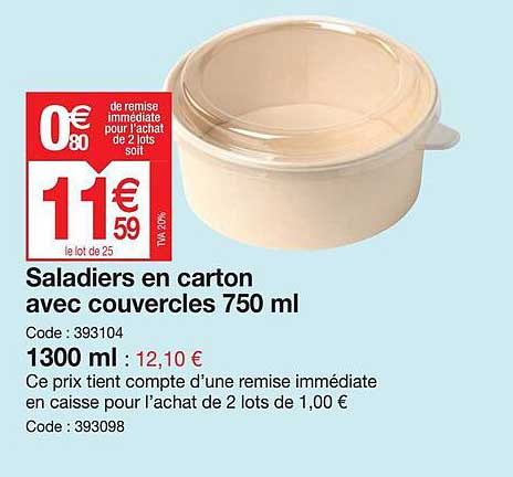 Saladiers En Carton Avec Couvercles 750 Ml, 1300 Ml
