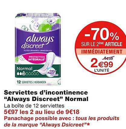 serviettes d'incontinence "always discreet" normal