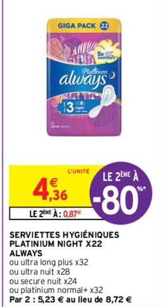 serviettes hygiéniques platinum night x22