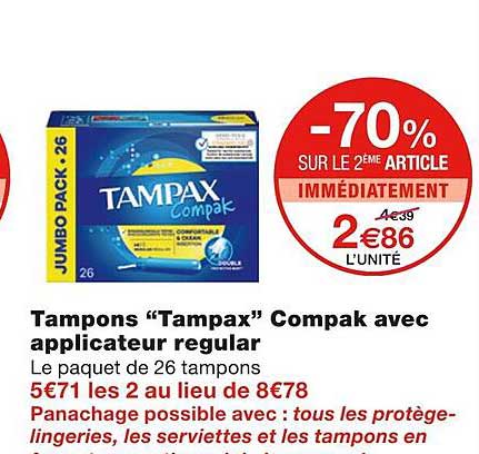 tampons "tampax" compak avec applicateur regular