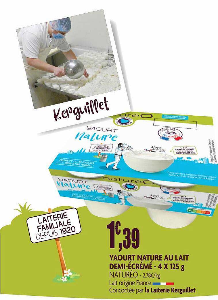 yaourt nature au lait demi-écrémé naturéo - 4 x 125 g