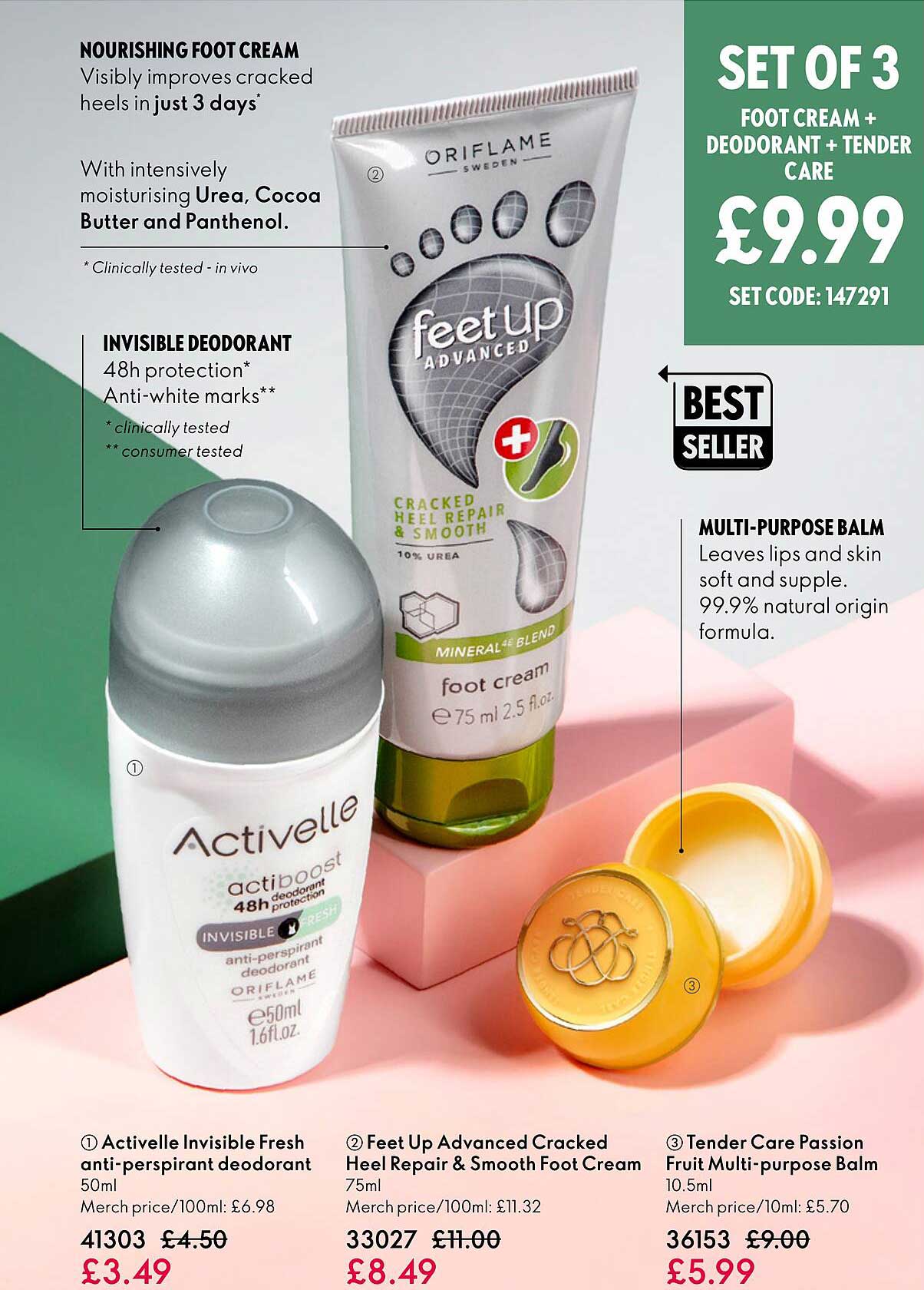activelle invisible fresh anti-perspirant deodorant, feet up advanced cracked heel repair & smooth foot cream, tender care passion fruit multi-purpose balm