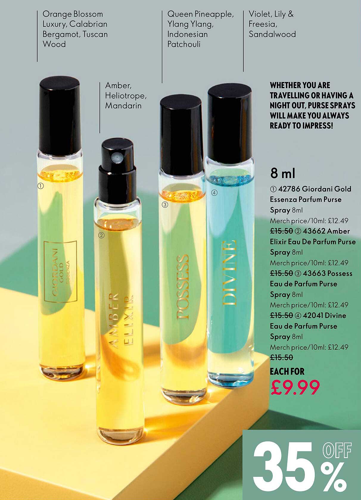 giordani gold essenza parfum purse, amber elixir eau de parfum purse spray, possess eau de parfum purse spray, divina eau de parfum purse spray