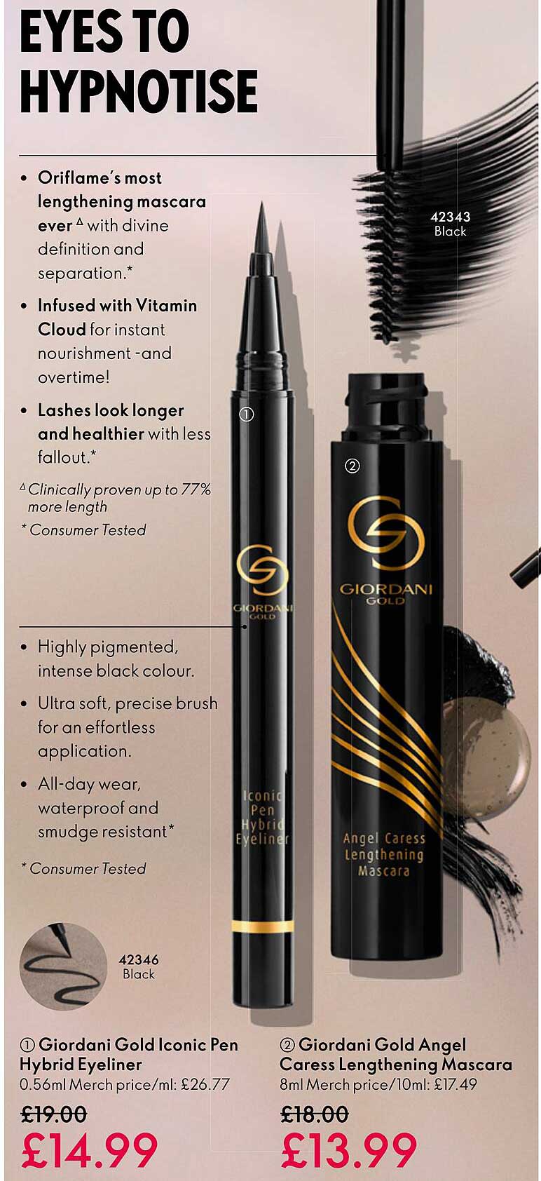giordani gold iconic pen hybrid eyeliner, giordani gold angel caress longthening mascara