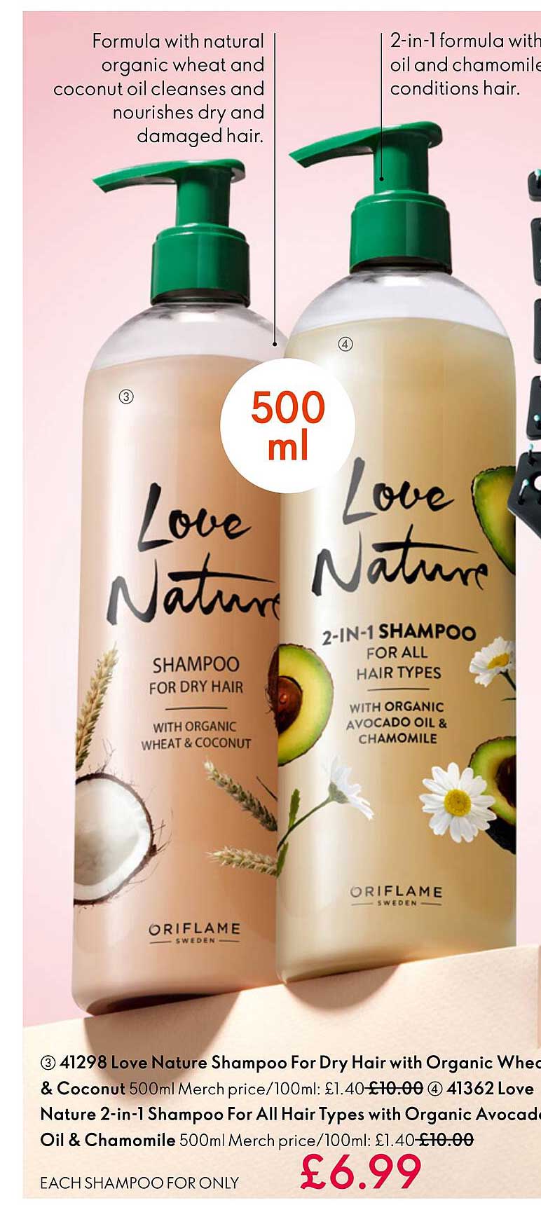 love nature shampoo for dry hair with organic wheat & coconut, love nature 2-in-1 shampoo for all hair types with organic avocado oil & chamomile