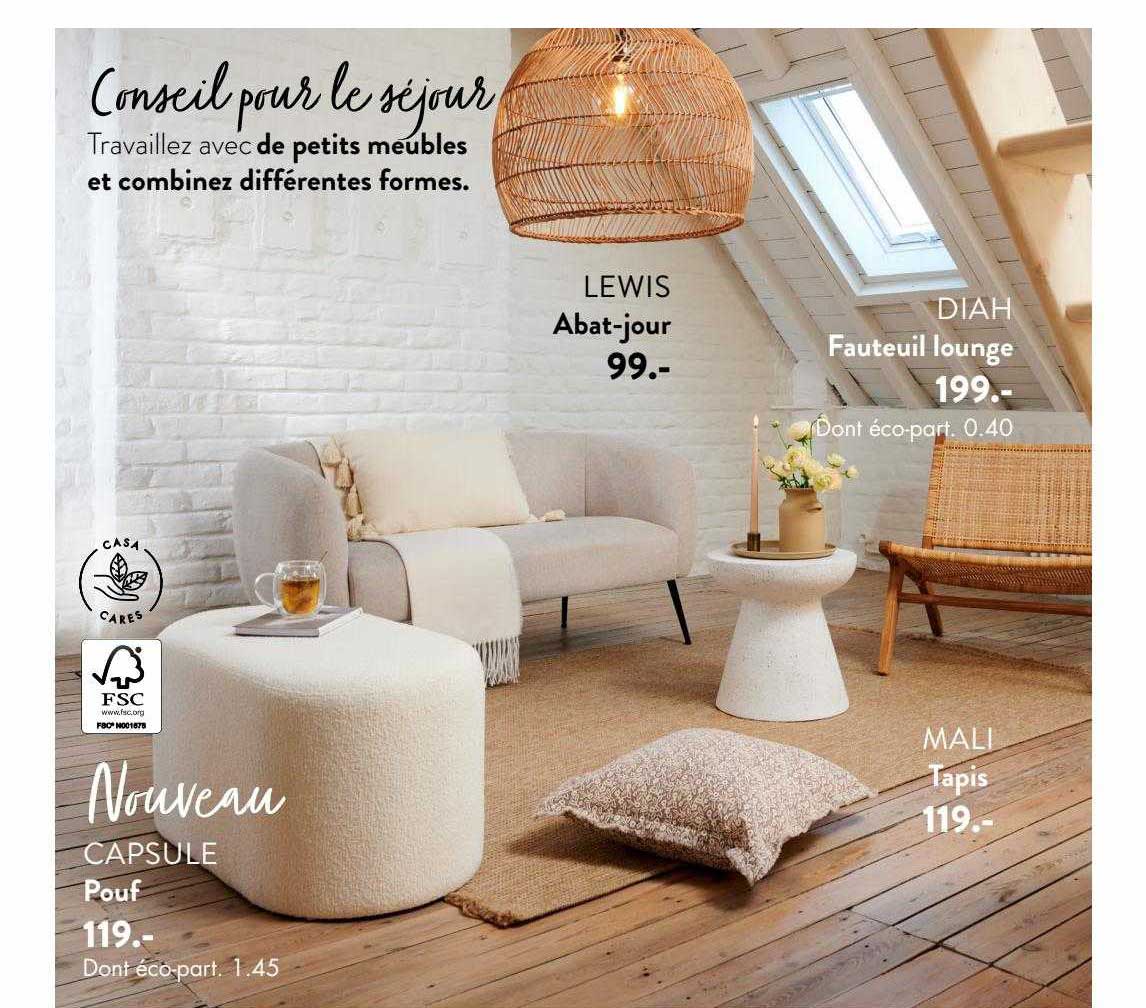 pouf capsule, abat-jour lewis, fauteuil lounge diah, tapis mali