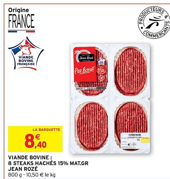 viande bovine : 8 steaks hachés 15% mat.gr. jean rozé