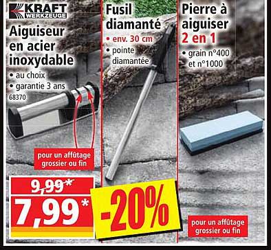 aiguiseur en acier inoxydble kraft werkzeuge, fusil diamanté, pierre à aiguiser 2 en 1