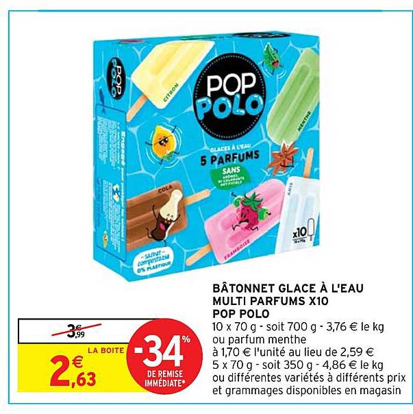 bâtonnet glace à l'eau multi parfums x 10 pop polo