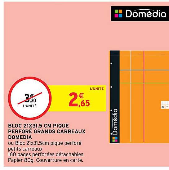 bloc 21 x 31,5 cm pique perforé grands carreaux domédia