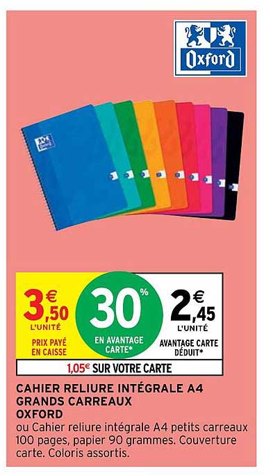 cahier reliure intégrale A4 grands carreaux oxford