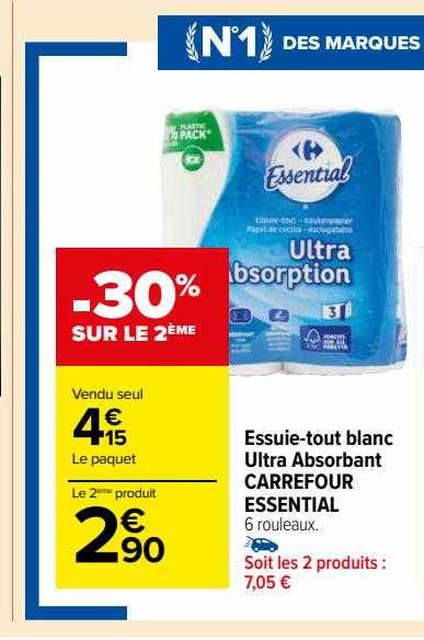 essuie-tout blanc ultra absorbant carrefour essential