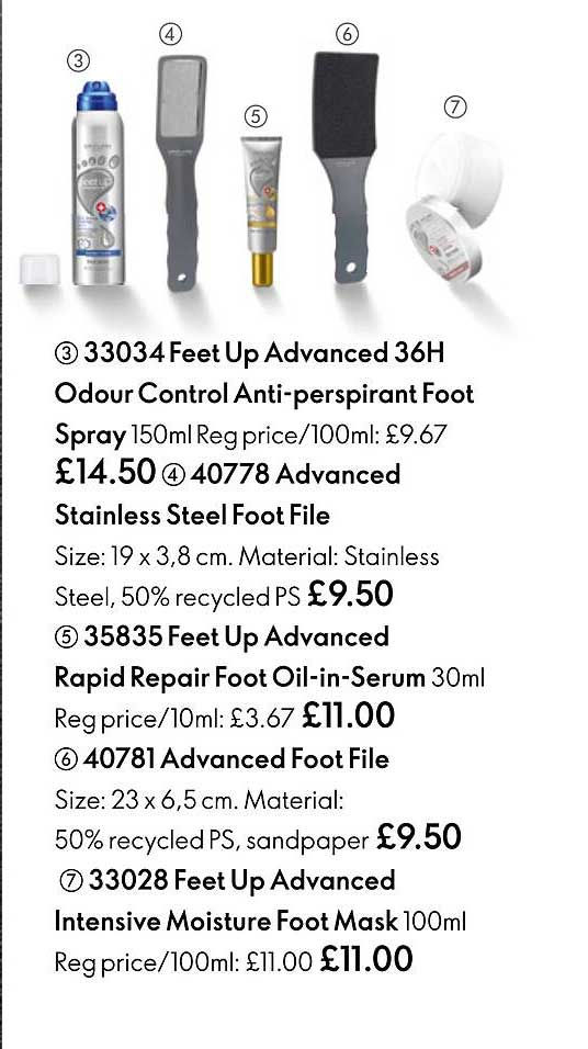 feet up advanced 36h odour control anti-perspirant foot spray, advanced stainless steel foot file, feet up advanced rapid repair foot oil-in-serum, advanced foot file