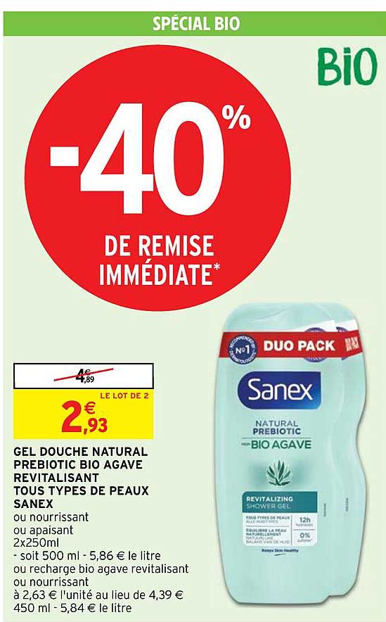 gel douche natural prébiotic bio agave revitalisant tout types de peaux sanex