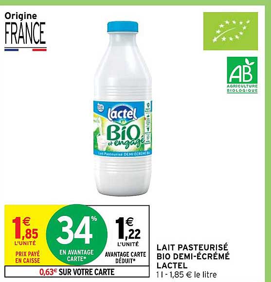 lait pasteurisé bio demi-écrémé lactel