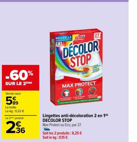 lingettes anti-décoloration 2 en 1 decolor stop