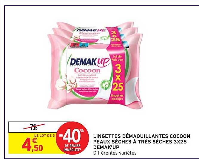 lingettes démaquillantes cocoon peaux sèches à très sèches 3 x 25 demak'up