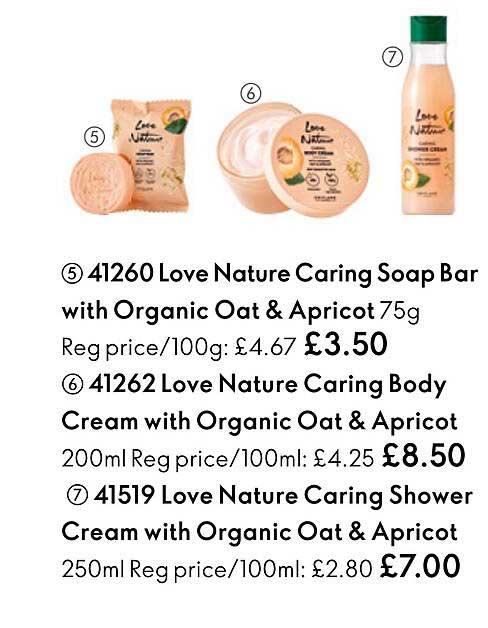 love nature caring soap bar with organic oat & apricot, love nature caring body cream with organic oat & apricot, love nature caring shower cream with organic oat & apricot