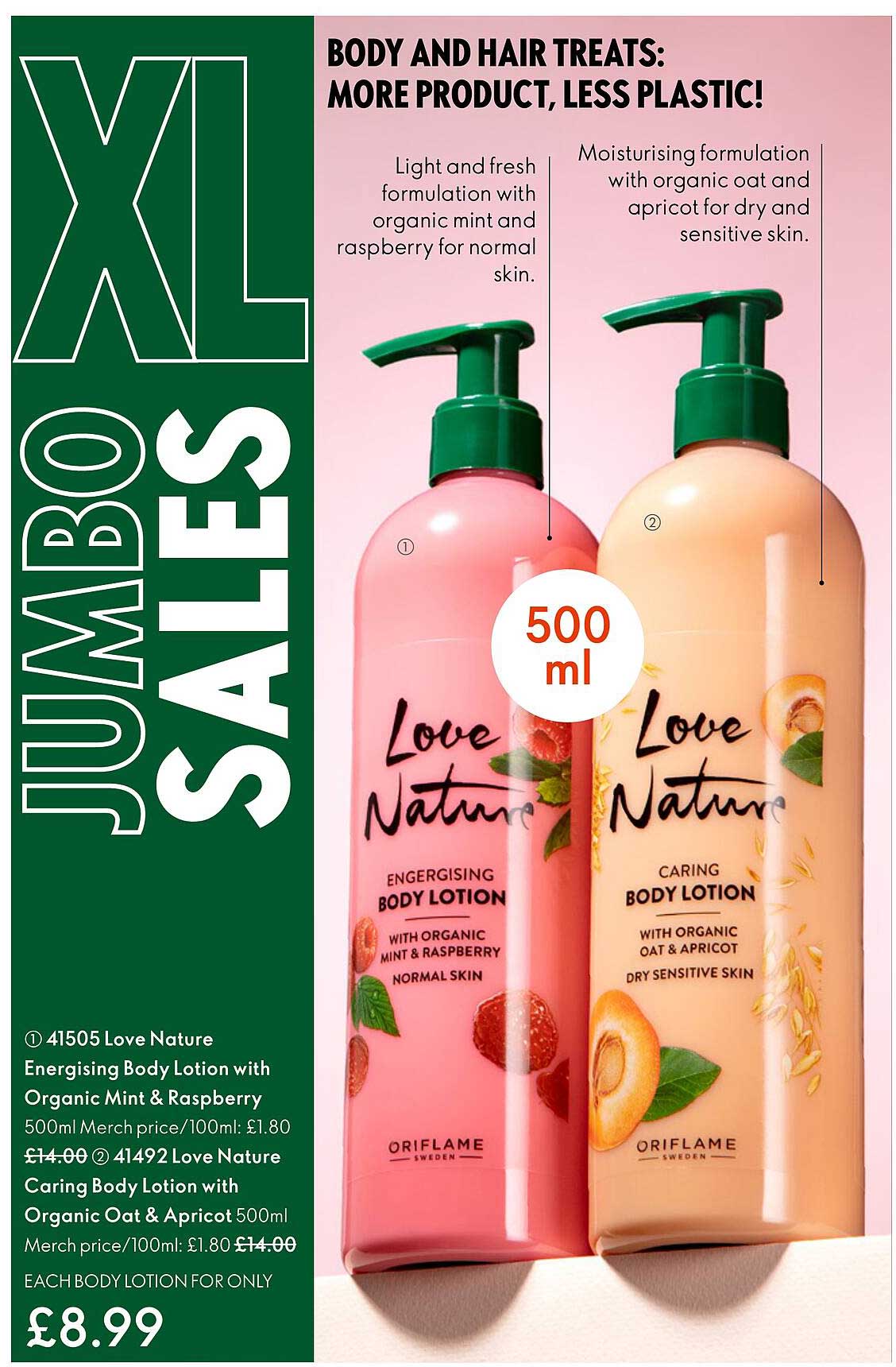 love nature energising body lotion with organic mint & raspberry, love nature caring body lotion with organic oat & apricot