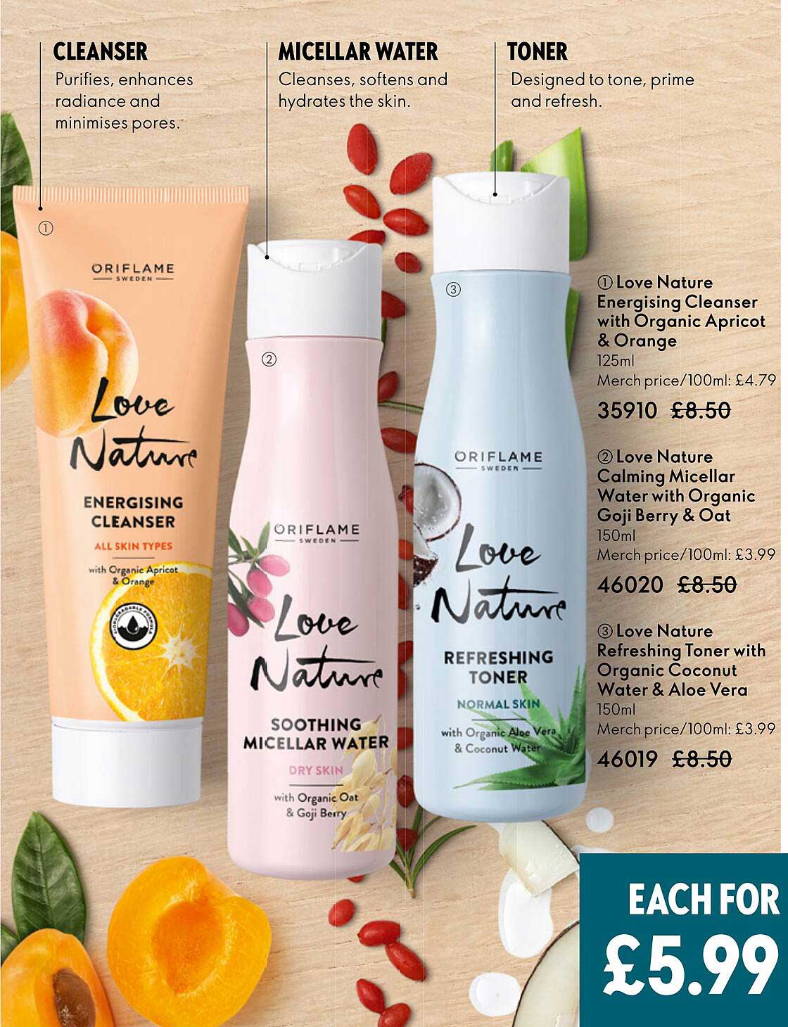 love nature energising cleanser with organic apricot & orange, love nature calming micellar water with organic goji berry & oat, love nature refreshing toner with organic coconut water & aloe vera
