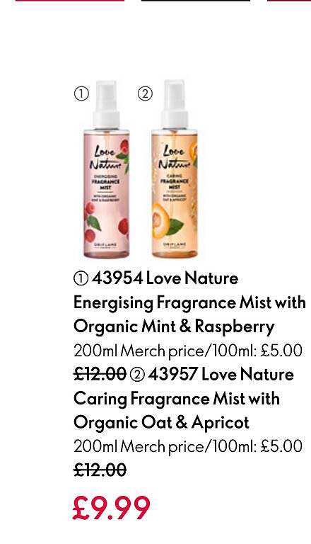love nature energising fragrance mist with organic mint & raspberry, love nature caring fragrance mist with organic oat & apricot