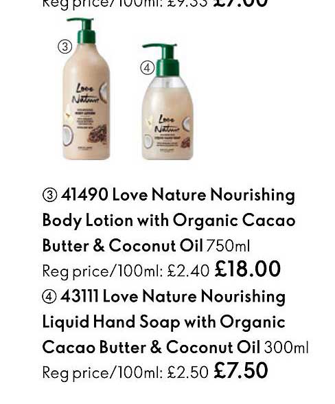 love nature nourishing body lotion with organic cacao butter & coconut oil, love nature nourishing liquid hand soap with organic cacao butter & coconut oil