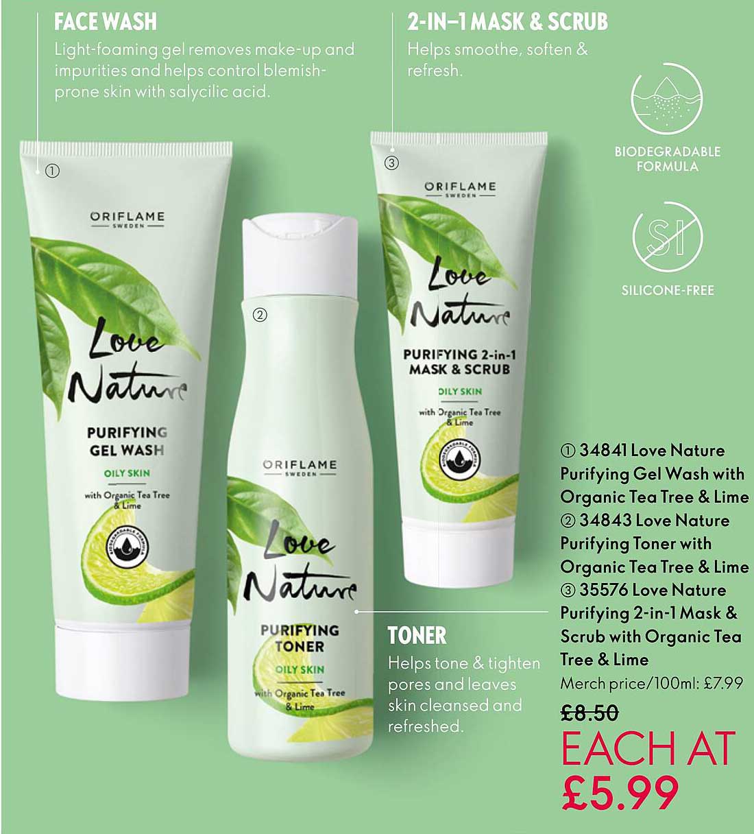 love nature purifying gel wash with organic tea tree & lime, love nature purifying toner with organic tea tree & lime, love nature purifying 2-in-1 mask & scrub with organic tea tree & lime