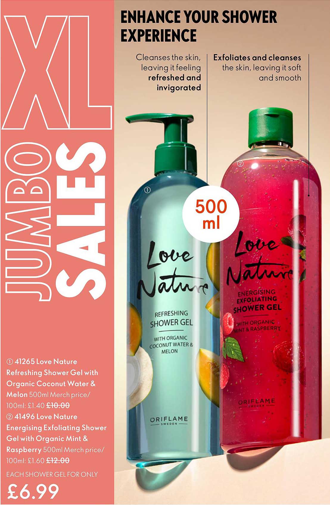 love nature refreshing shower gel with organic coconut water & melon, love nature energising exfoliating shower gel with organic mint & raspberry