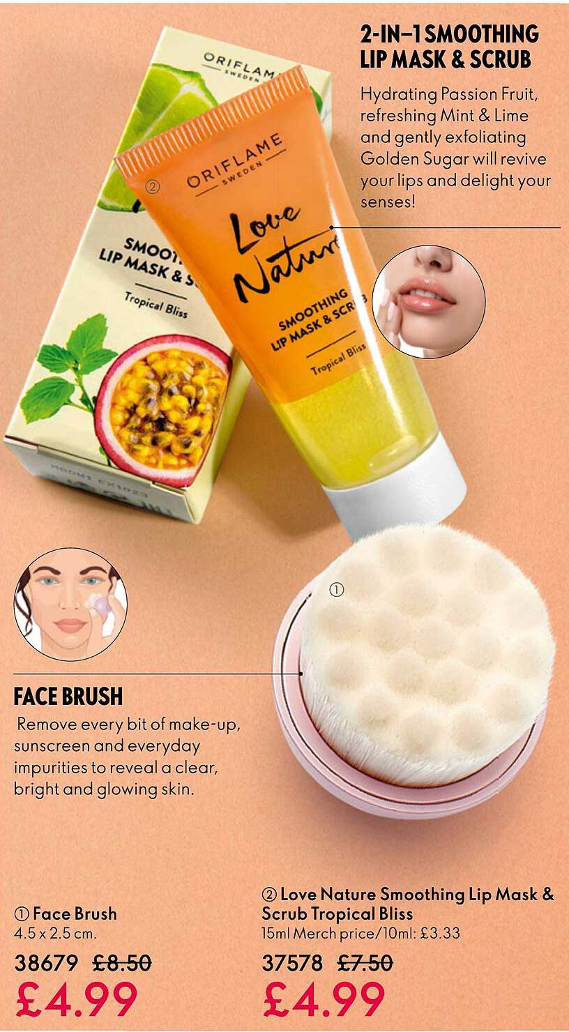 love nature smoothing lip mask & scrub tropical bliss, face brush