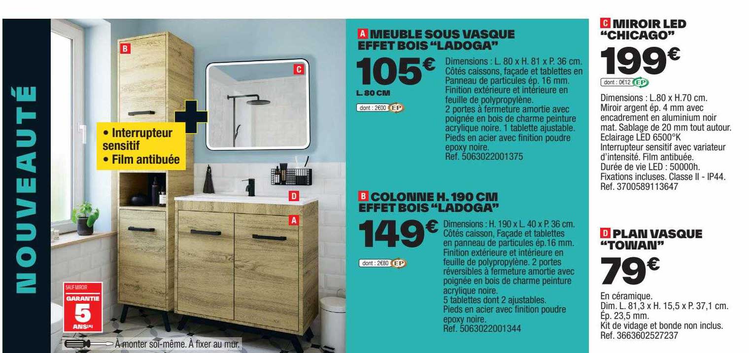 meuble sous vasque effet bois "ladoga", colonne h. 190 cm effet bois "ladoga", miroir led "chicago", plan vasque "towan"