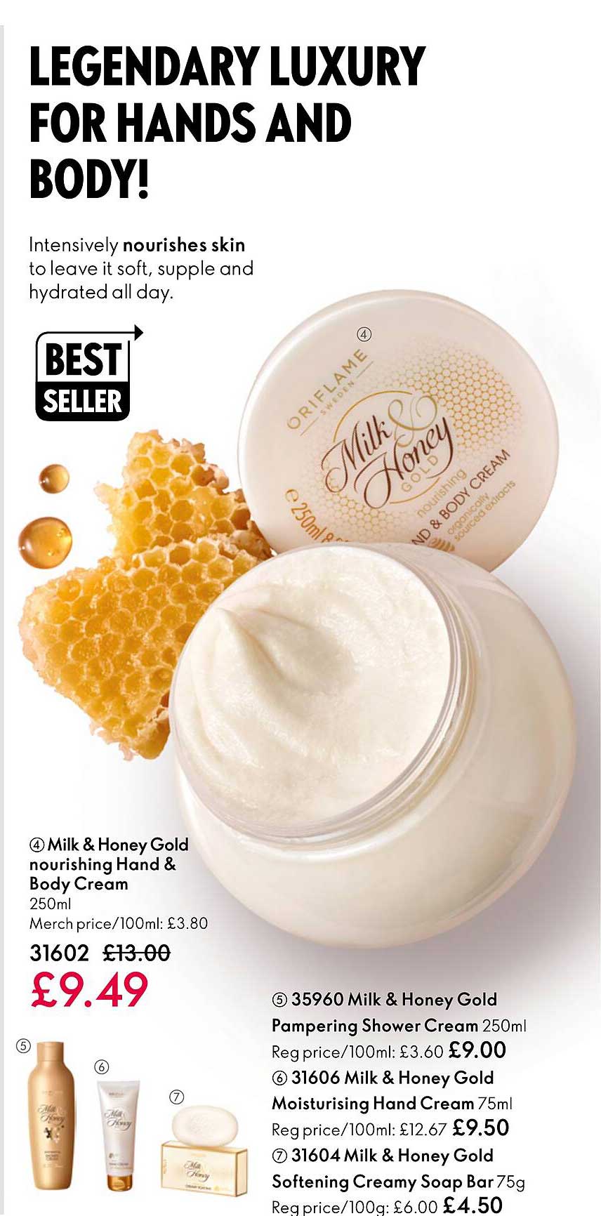 milk & honey gold nourishing hand & body cream, milk & honey gold pampering shower cream, milk & honey gold moisturising hand cream, milk & honey gold softening creamy soap bar