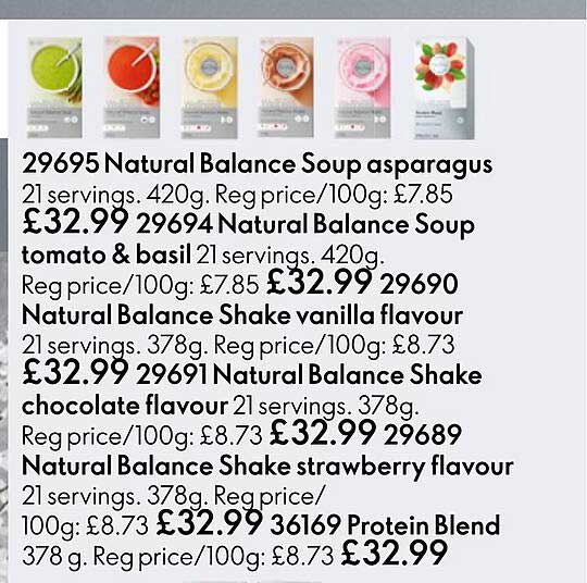 natural balance soup asparagus, natural balance soup tomato & basil, natural balance shake vanilla flavour, natural balance shake chocolate flavour, natural balance shake strawberry flavour