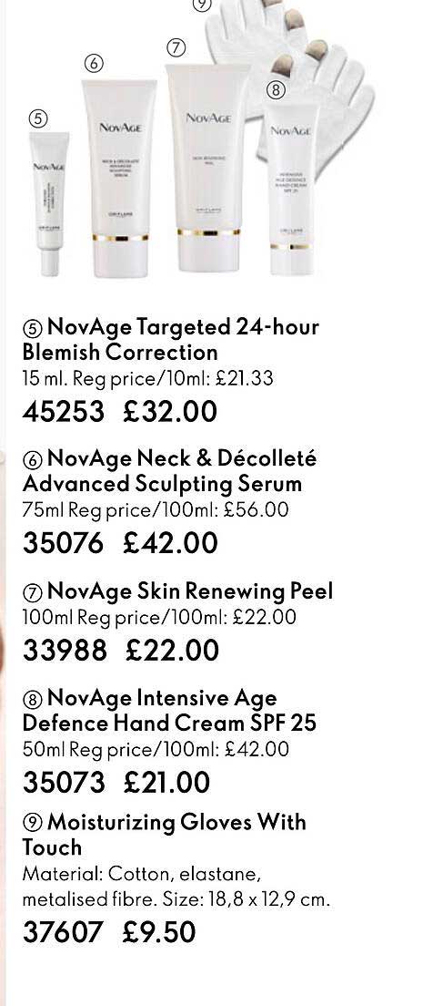 novage targeted 24-hour blemish correction, novage neck & décolleté advanced sculpting serum, novage skin renewing peel, novage intensive âge defence hand cream spf 25, moisturizing gloves with touch