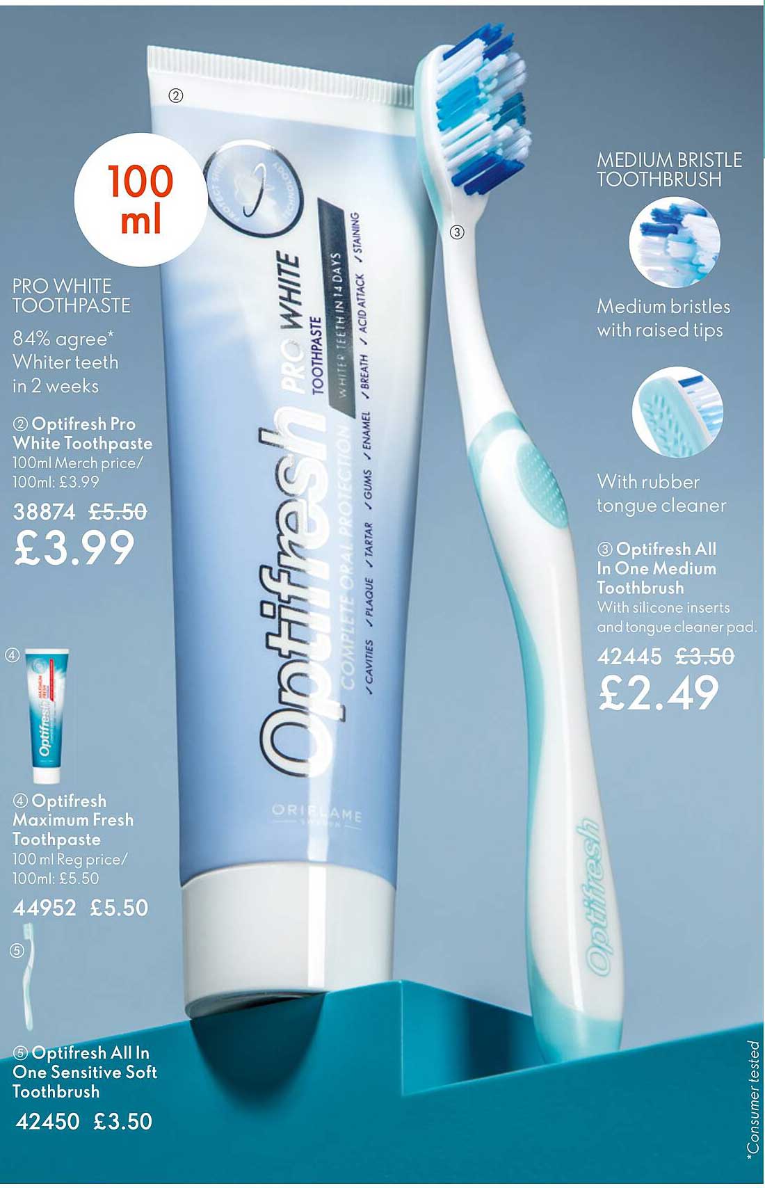 optifresh pro white toothpaste, optifresh all in one sensitive soft toothbrush, optifresh all in one medium toothbrush