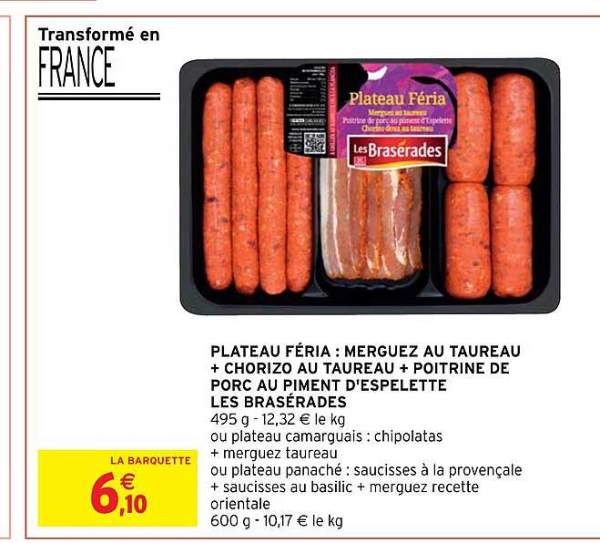 plateau féria : merguez au taureau + chorizo au taureau + poitrine de porc au piment d'espelette les brasérades