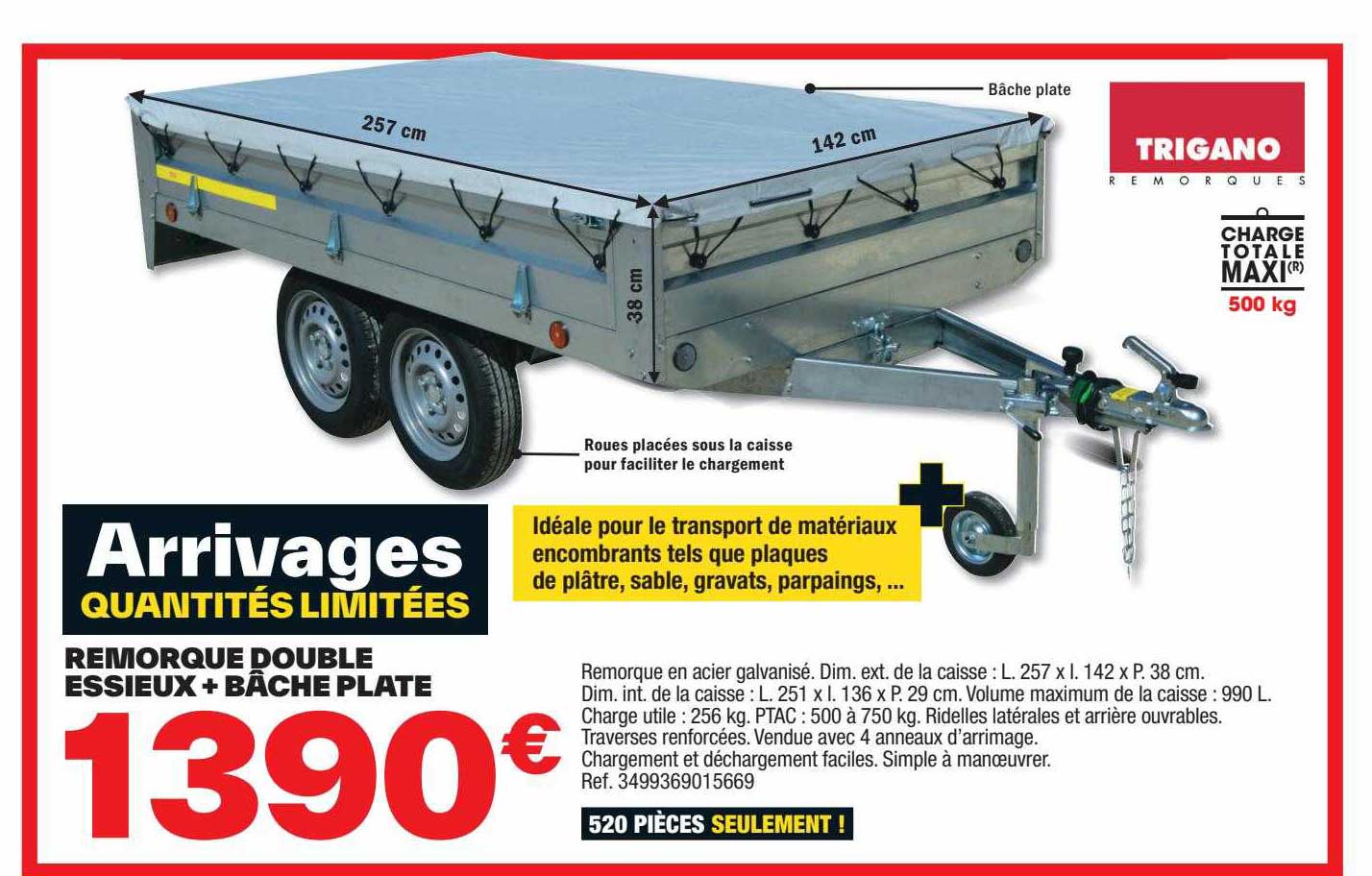 remorque double essieux + bâche plate trigano