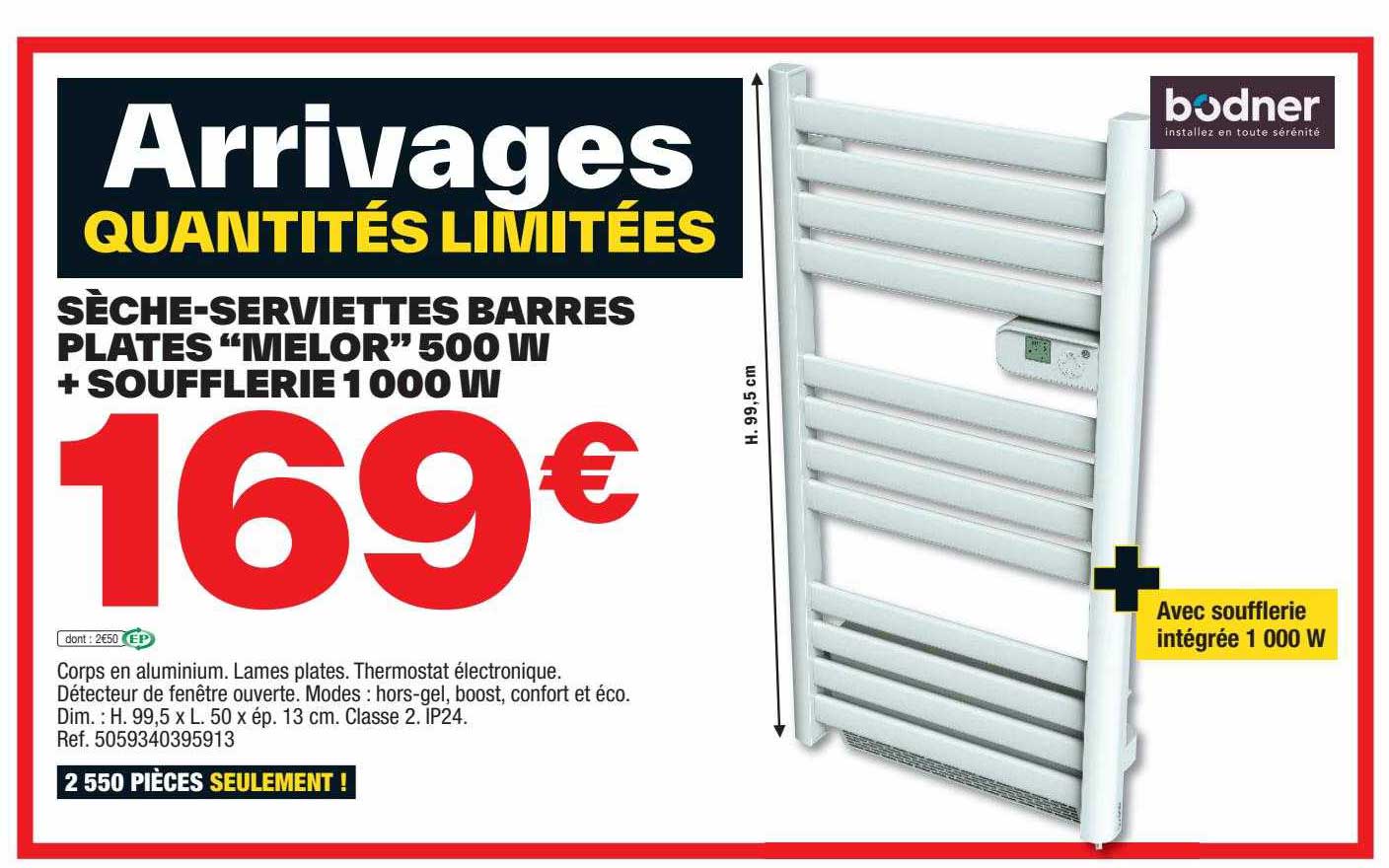 sèche-serviettes barres plates "melor" 500w + soufflerie 1000w bodner