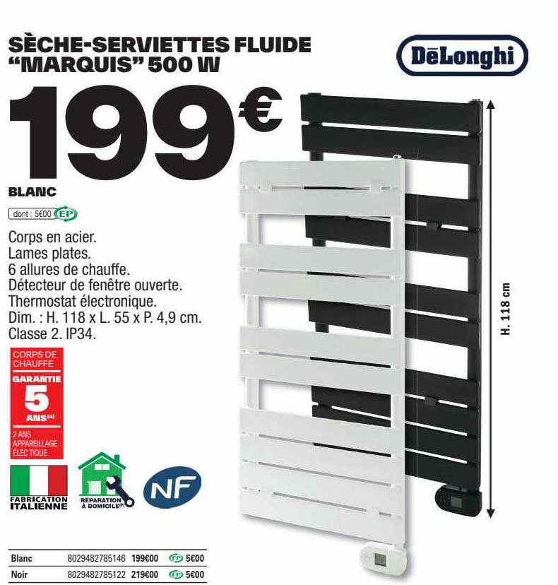 sèche-serviettes fluide "marquis" 500w dëlonghi